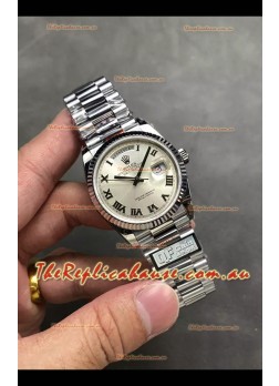 Rolex Day Date Super Clone Stainless Steel Silver Dial Roman Numerals Watch 36MM - 1:1 Mirror Quality