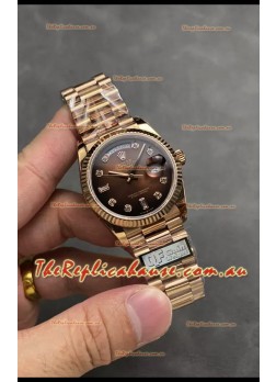 Rolex Day Date Super Clone Rose Gold Brown Dial Diamonds Numerals Watch 36MM - 1:1 Mirror Quality