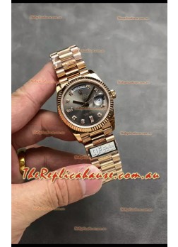 Rolex Day Date Super Clone Rose Gold Grey Dial Diamonds Numerals Watch 36MM - 1:1 Mirror Quality