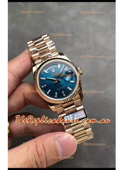Rolex Day Date Super Clone Rose Gold Blue Dial Crystal Numerals Watch 36MM - 1:1 Mirror Quality