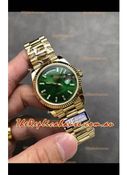 Rolex Day Date Super Clone Yellow Gold Green Dial Crystal Numerals Watch 36MM - 1:1 Mirror Quality