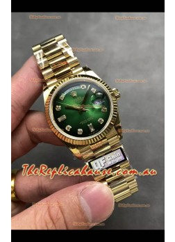 Rolex Day Date Super Clone Yellow Gold Green Dial Diamonds Numerals Watch 36MM - 1:1 Mirror Quality