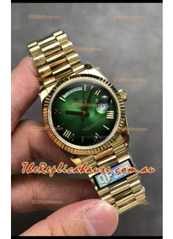 Rolex Day Date Super Clone Yellow Gold Green Dial Roman Numerals Watch 36MM - 1:1 Mirror Quality