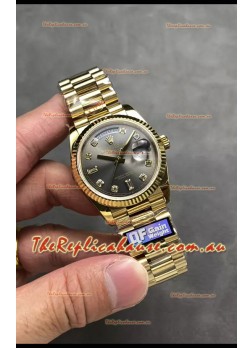 Rolex Day Date Super Clone Yellow Gold Grey Dial Diamonds Numerals Watch 36MM - 1:1 Mirror Quality