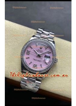 Rolex Day Date Super Clone Stainless Steel Pink Dial Diamonds Numerals Watch 36MM - 1:1 Mirror Quality