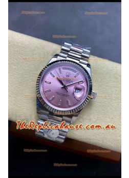 Rolex Day Date Super Clone Stainless Steel Pink Sunburst Dial Crystal Numerals Watch 36MM - 1:1 Mirror Quality