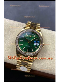 Rolex Day Date Super Clone Yellow Gold Green Dial Crystal Numerals Watch 36MM - 1:1 Mirror Quality