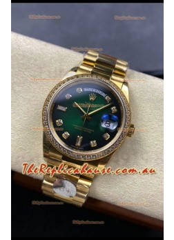 Rolex Day Date Super Clone Yellow Gold Green Dial Diamonds Numerals Watch 36MM - 1:1 Mirror Quality