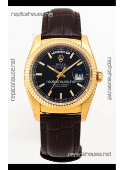 Rolex Day Date Yellow Gold 904L Steel Casing Watch in Black Dial 36MM - 1:1 Mirror Quality