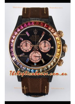 Rolex Daytona Super Clone DiW Carbon Edition Rainbow Bezel - Forged Carbon Casing Khaki Strap 1:1 Mirror Replica