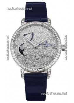 Vacheron Constantin Traditionelle Moon Phase Diamond Paved Dial in White Gold Swiss Replica