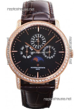 Vacheron Constantin Patrimony Perpetual Calendar Ultra-Thin Rose Gold Black Dial Swiss Replica