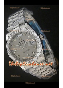 Rolex DayDate Swiss Replica Watch in Grey Dial - Diamonds Hour Markers