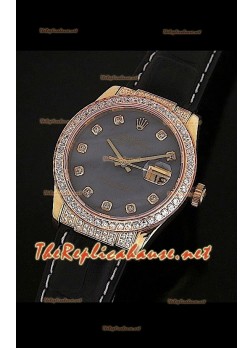 Rolex Datejust Mens Swiss Replica Watch in Pearl Dial Leather Strap