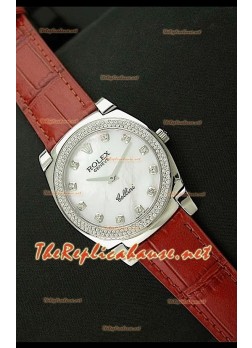 Rolex Cellini Japanese Quartz Replica Pearl Face Diamond Numerals Leather Strap