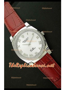 Rolex Cellini Japanese Quartz Replica White Roman Face Diamonds Bezel Leather Strap