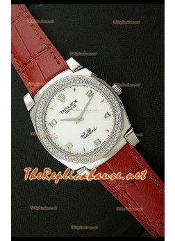 Rolex Cellini Japanese Quartz Replica White Face Diamonds Bezel Leather Strap