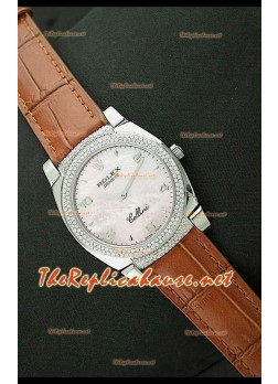 Rolex Cellini Japanese Quartz Replica Pink Pearl Face Diamonds Bezel Leather Strap