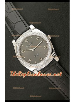 Rolex Cellini Japanese Quartz Replica Black Face Diamonds Bezel Black Leather Strap