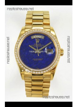 Rolex Day Date Yellow Gold Blue Lapis Dial Diamonds Bezel 36MM Swiss Replica