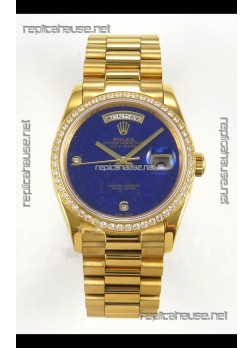 Rolex Day Date Yellow Gold Blue Lapis Dial Diamonds Bezel 36MM Swiss Replica