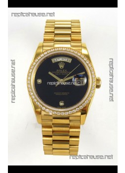Rolex Day Date Yellow Gold Black Dial Diamonds Bezel 36MM Swiss Replica