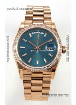 Rolex Day Date 128345 Rose Gold Green Crystal Dial Diamonds Bezel Super Clone Watch 