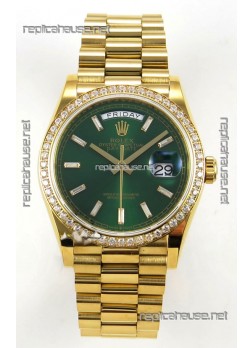 Rolex Day Date 128348 Yellow Gold Green Crystal Dial Diamonds Bezel Super Clone Watch 