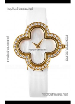 Van Cleef & Arpels Alhambra Yellow Gold Diamonds Bezel Pearl Dial Watch 