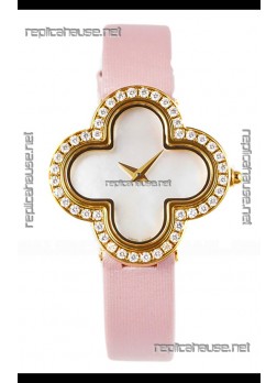 Van Cleef & Arpels Alhambra Yellow Gold Diamonds Bezel Pink Strap Watch 