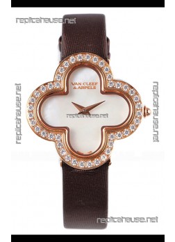 Van Cleef & Arpels Alhambra Rose Gold Diamonds Bezel Black Strap Watch 