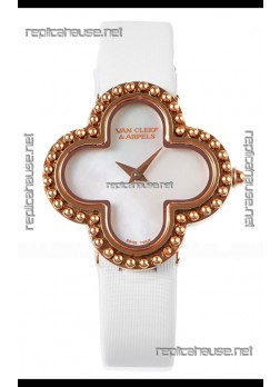Van Cleef & Arpels Alhambra Rose Gold White Strap Watch 