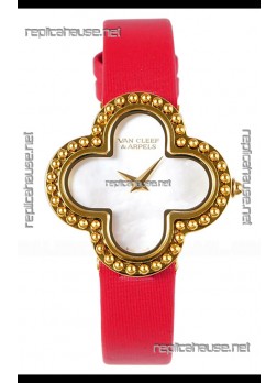 Van Cleef & Arpels Alhambra Yellow Gold Red Strap Watch 