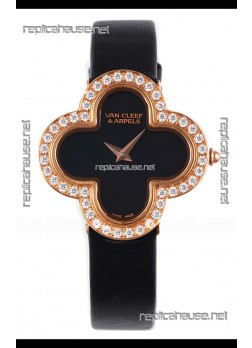Van Cleef & Arpels Alhambra Rose Gold Diamonds Bezel Black Strap Watch 