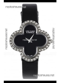 Van Cleef & Arpels Alhambra Stainless Steel Black Strap Watch 