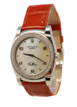 Rolex Cellini Cestello Ladies Swiss Watch Pearl Face Leather Strap Diamonds Bezel