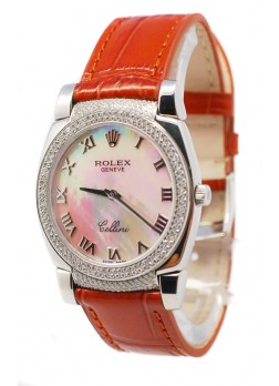 Rolex Cellini Cestello Ladies Swiss Watch White Pearl Roman Face Leather Strap Diamonds Bezel and Lugs