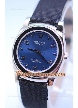 Rolex Cellini Cestello Ladies Swiss Watch Blue Silver Face Nylon Strap