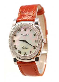 Rolex Cellini Cestello Ladies Swiss Watch White Pearl Roman Face Leather Strap Diamonds Bezel