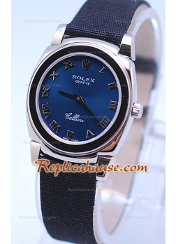 Rolex Cellini Cestello Ladies Swiss Watch Roman Blue Silver Face Nylon Strap